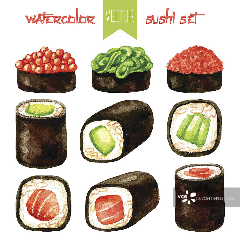 水彩画寿司、细寿司卷和冈束图片素材