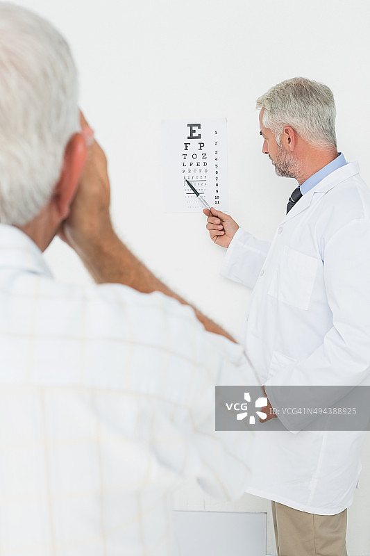 儿科医生，眼科医生和资深病人指着视力表图片素材