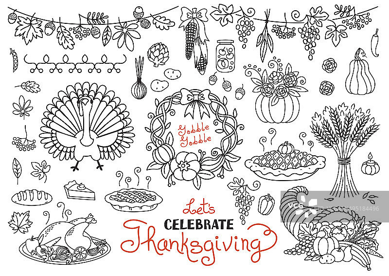 让我们一起庆祝感恩节涂鸦集。传统的符号,图片素材