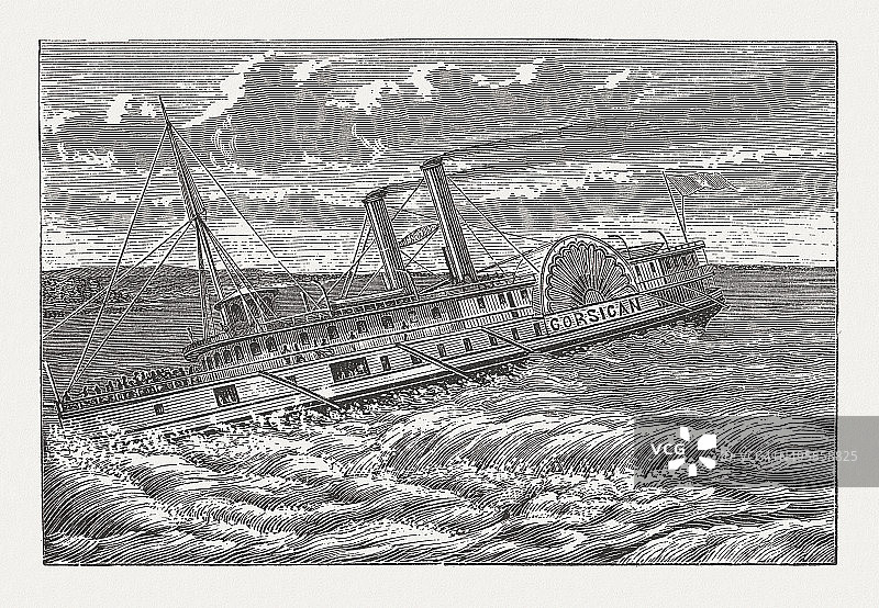 在蒙特利尔附近的拉钦急流上的汽船，出版于1881年图片素材