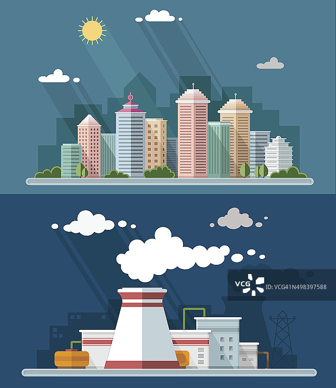 平面城市景观插图，包括市中心、郊区和工业景观图片素材
