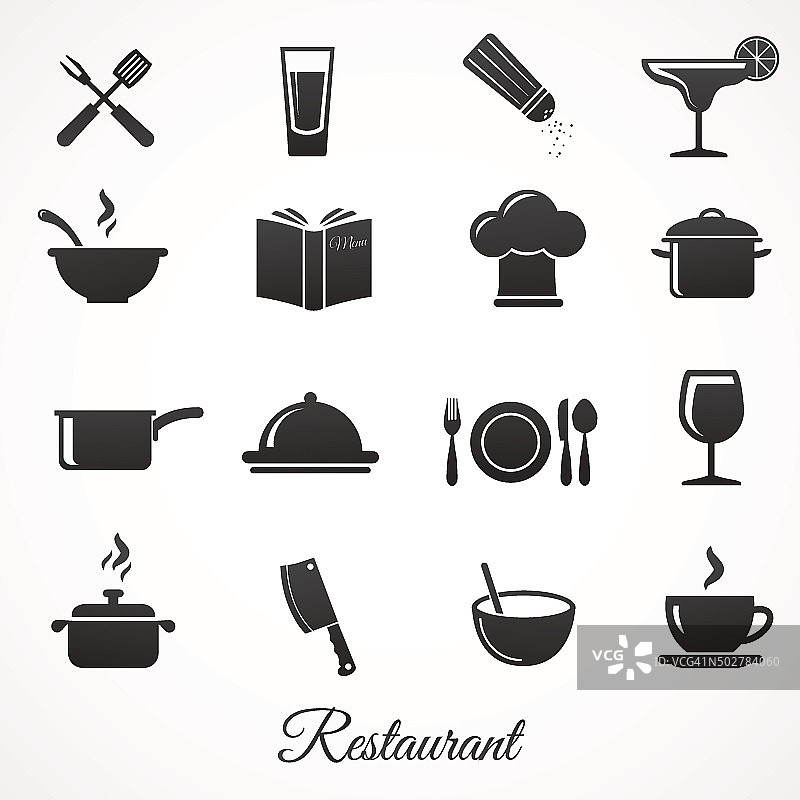 餐厅图标收集孤立的白色背景。图片素材