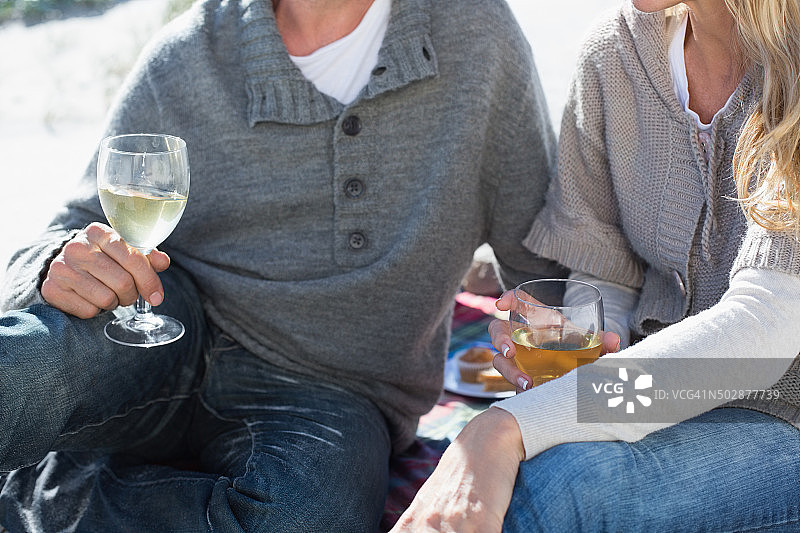 一对夫妇在海滩野餐时享用白葡萄酒图片素材