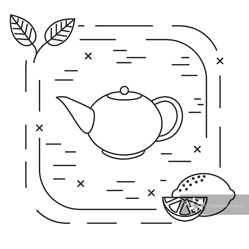 白色背景上的线性茶标配茶壶、青柠、茶叶图片素材