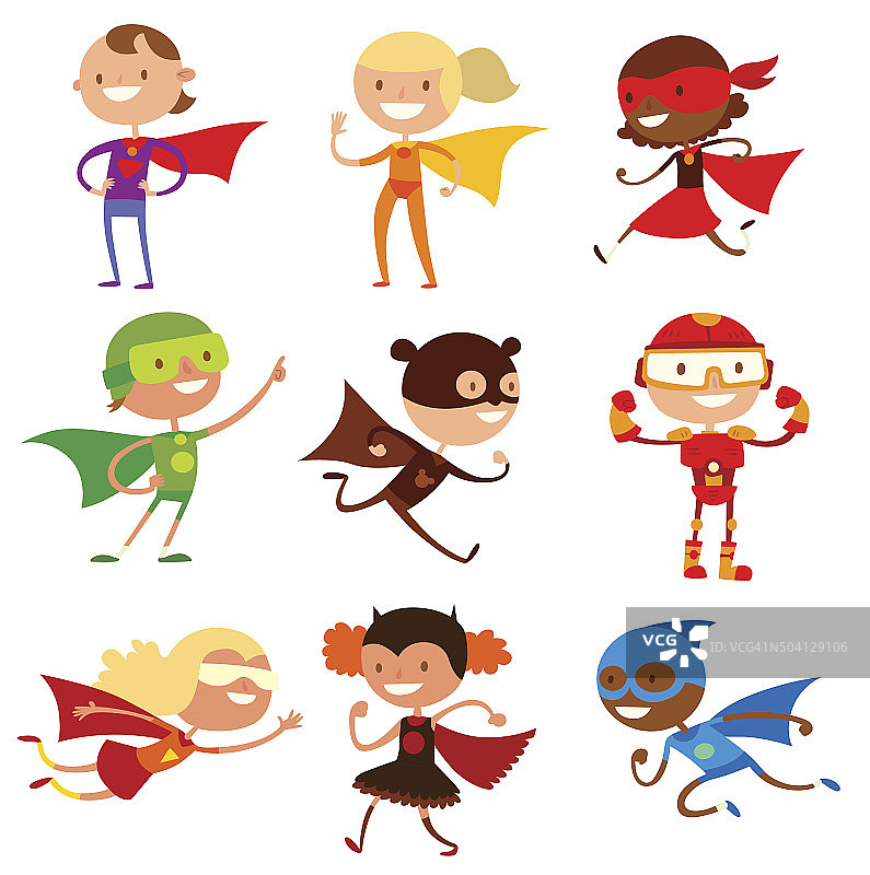 超级英雄孩子男孩和女孩卡通矢量插图图片素材