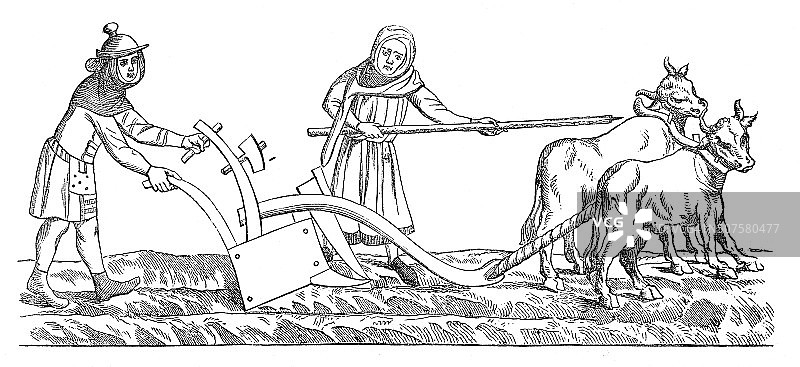 中世纪英国的工人和犁头(古代雕刻)图片素材