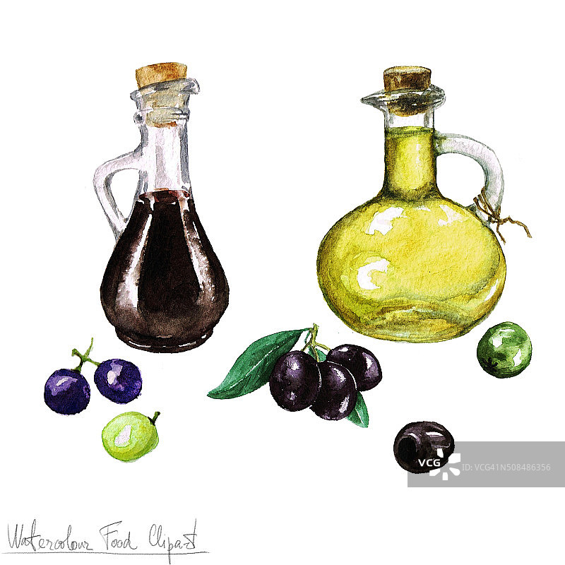 水彩食物剪报-橄榄油和醋图片素材