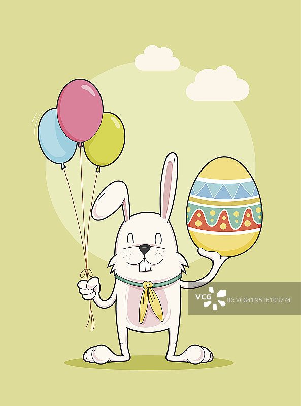 快乐的兔子拿着复活节彩蛋和气球，矢量插图图片素材