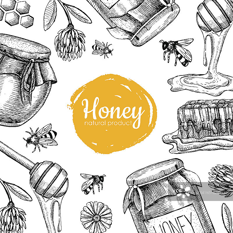 矢量蜜蜂手绘插图。蜂蜜横幅,海报图片素材