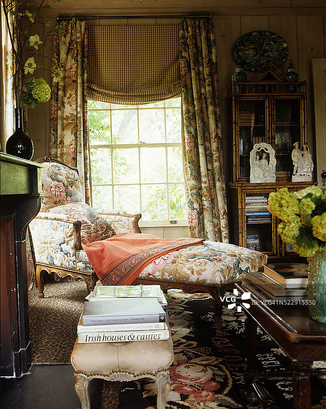 客厅窗边花卉装饰中的扶手椅和搁脚凳图片素材