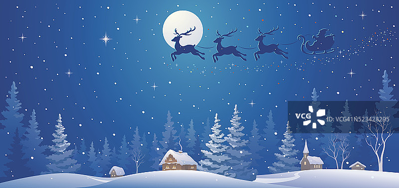 圣诞老人的雪橇在村庄上空图片素材