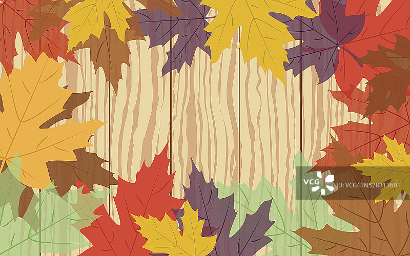 五彩缤纷的秋叶放在木板上，矢量图片素材