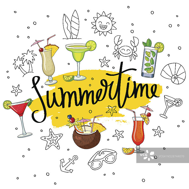在鸡尾酒和夏季图标的环境中刻字夏天图片素材