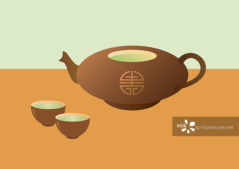 装茶和杯子的茶壶图片素材