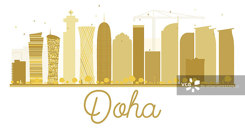 多哈城市天际线金色剪影。图片素材