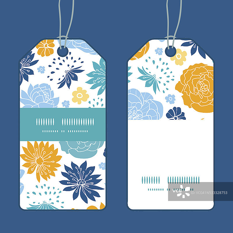向量蓝色和黄色花朵剪影垂直条纹框架模式标签图片素材