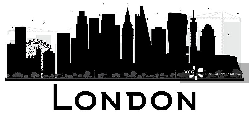 伦敦城的天际线黑白剪影。图片素材
