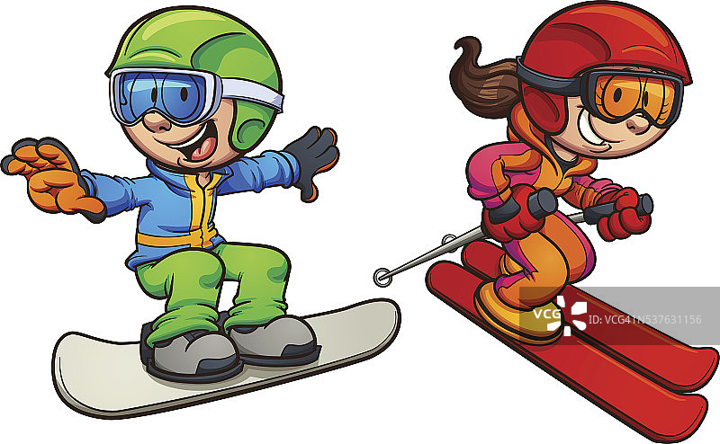滑雪和滑板滑雪的孩子们图片素材