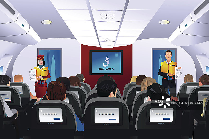 空乘人员向乘客展示安全程序图片素材