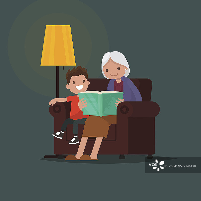 奶奶在给孙子读书。矢量图图片素材