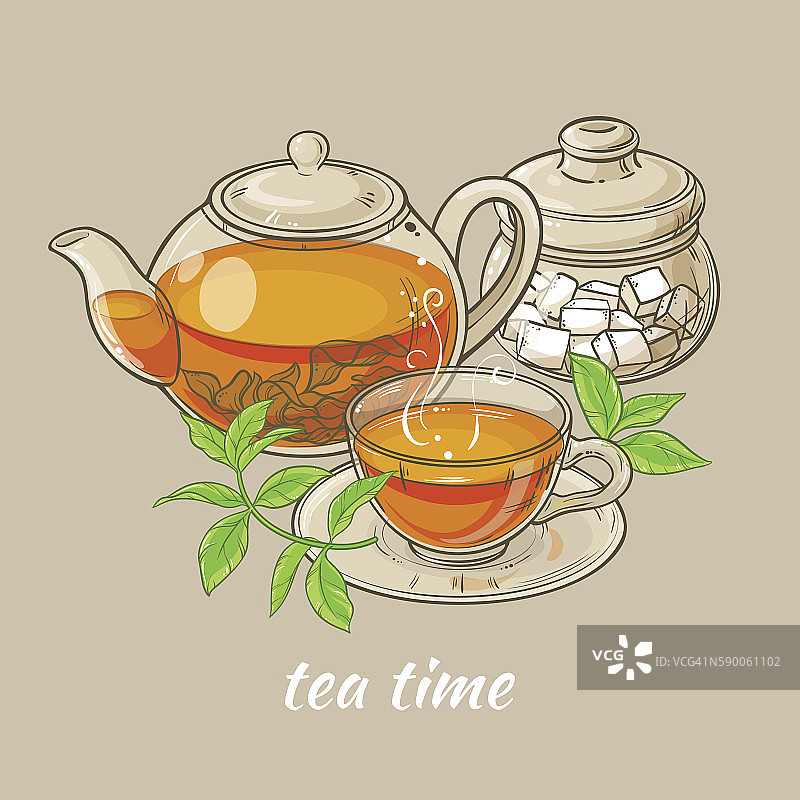 一杯茶，茶壶和糖碗图片素材