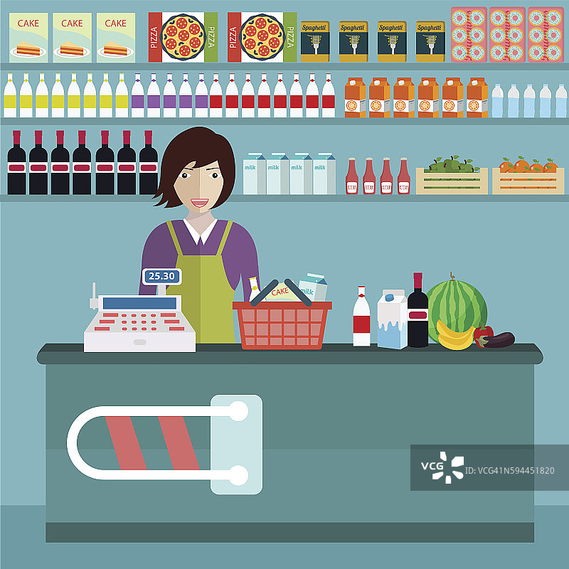 超市柜台柜台设备和职员制服图片素材