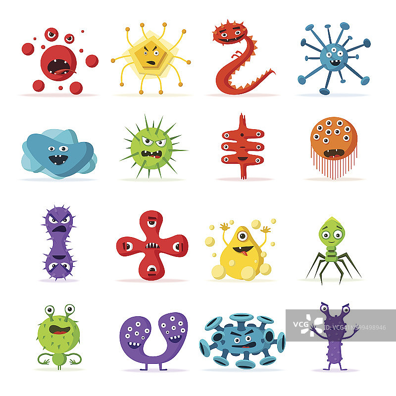 一组细菌特征。卡通矢量插图。微生物学图片素材