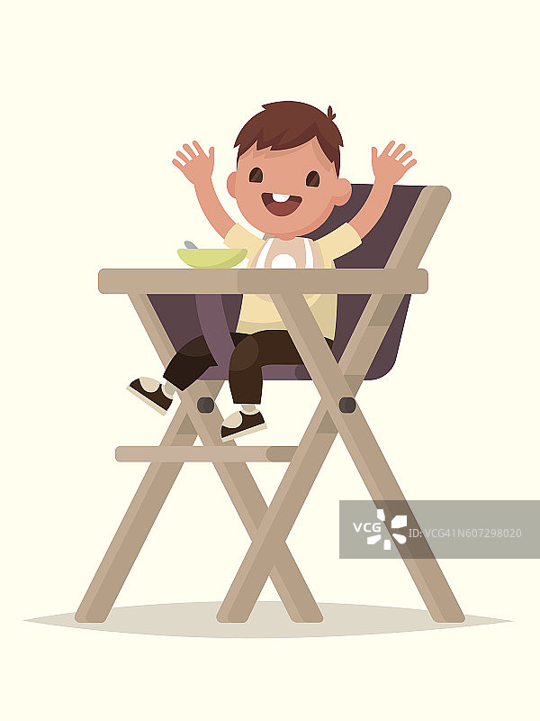 孩子进食。快乐的孩子坐在高脚椅上。向量图片素材
