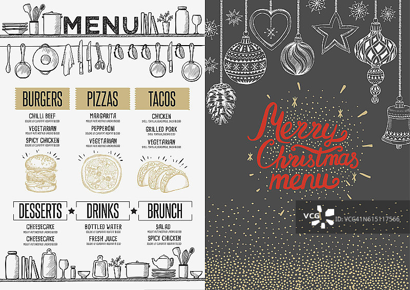 新年欢迎会邀请餐厅。圣诞食品菜单。图片素材