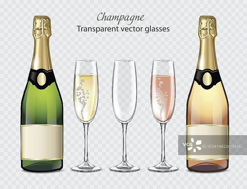 透明的矢量杯和香槟瓶和空杯子图片素材