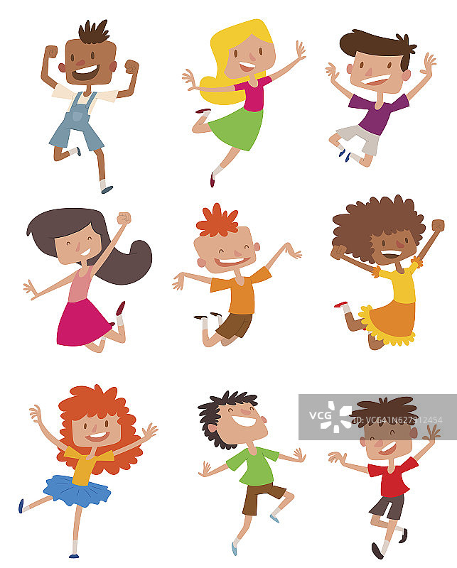 快乐的孩子在不同的位置向量集。图片素材