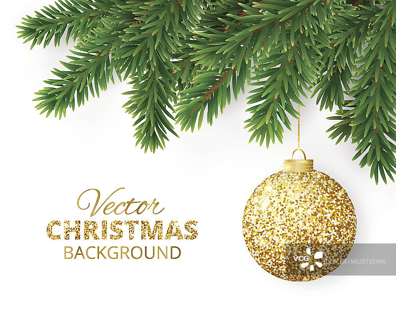 背景与矢量圣诞树树枝和悬挂闪光球图片素材