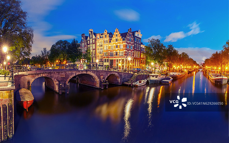 阿姆斯特丹运河和大桥夜景图片素材