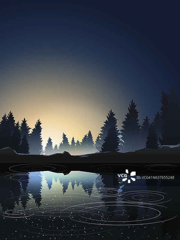 日出时湖边的松林图片素材