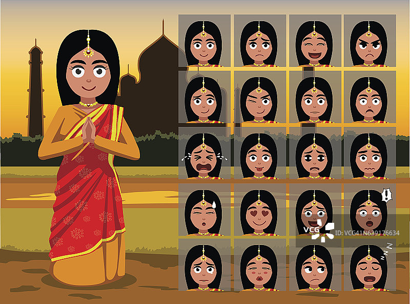 印度传统女性卡通情感面对矢量插画图片素材