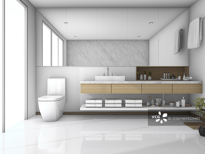 3d渲染白色最小厕所与窗户的光图片素材