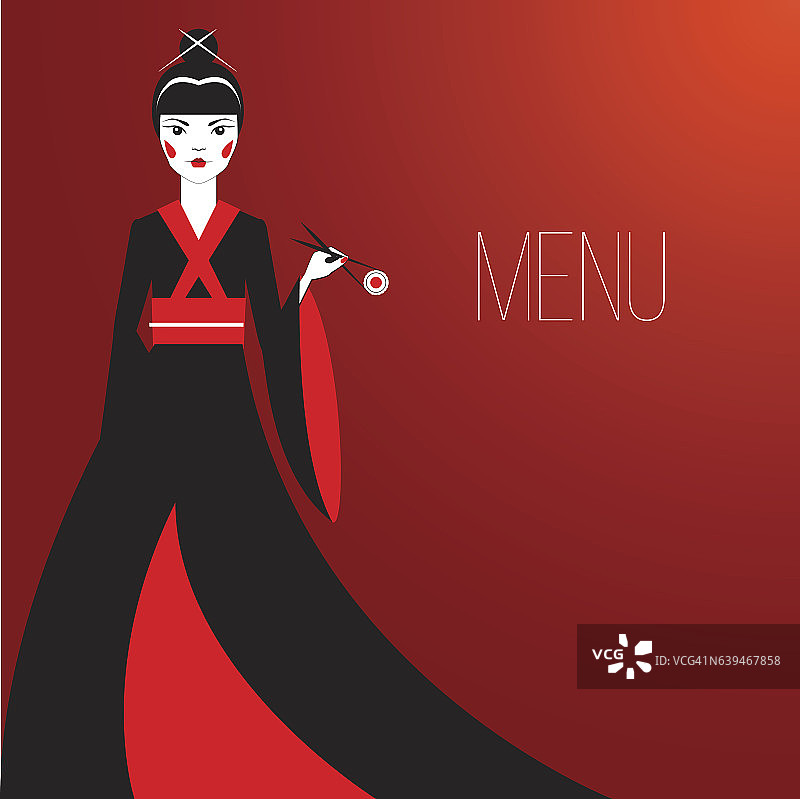 东方女人用传统的日本化妆品吃寿司。图片素材