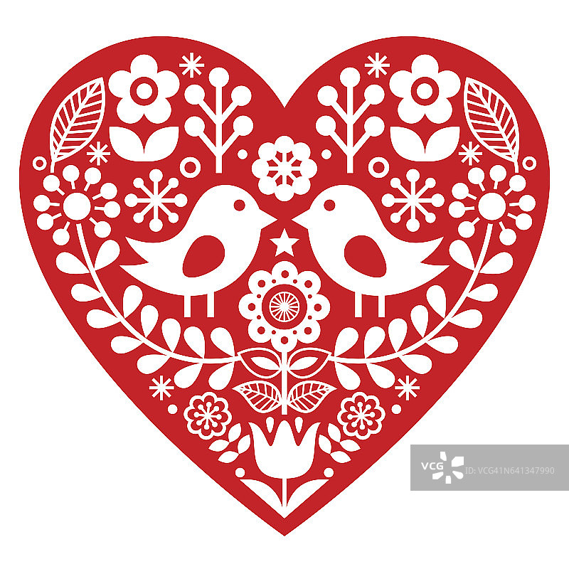 斯堪的纳维亚红色民间艺术图案与鸟和花-情人节，爱情概念图片素材