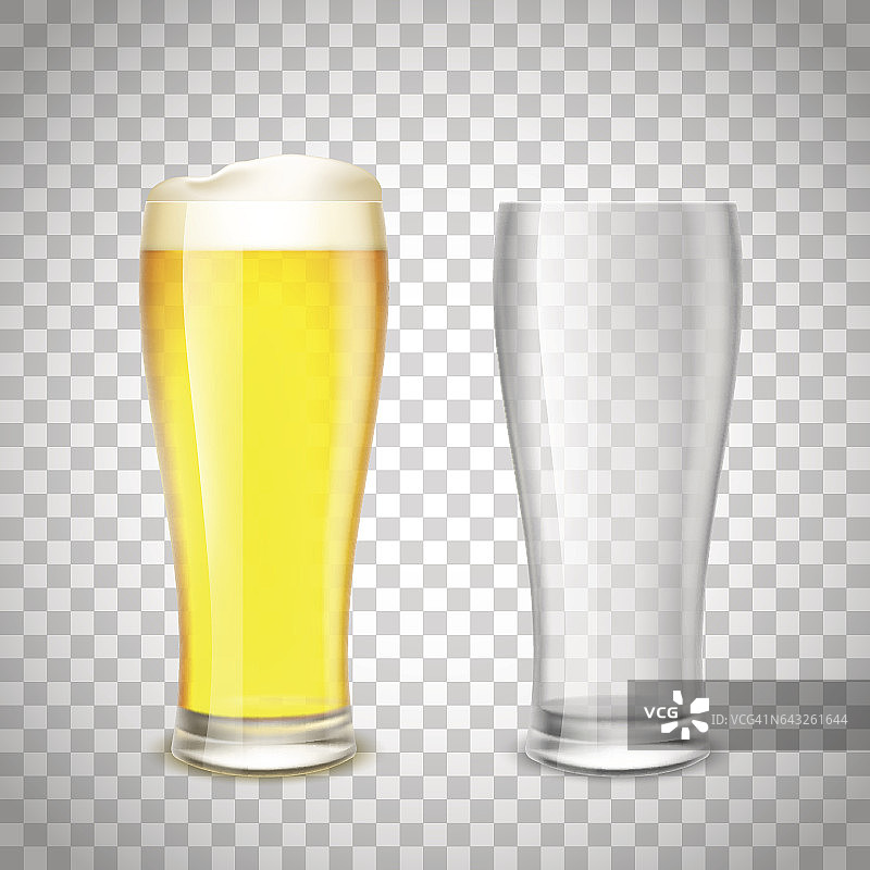一套玻璃，空和啤酒在一个透明的背景。图片素材
