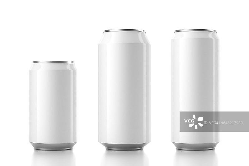 三个不同尺寸的铝白罐模型。三维渲染图片素材