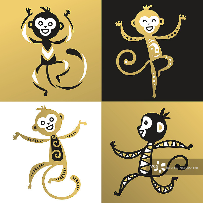 猴子矢量插图中国风格图片素材