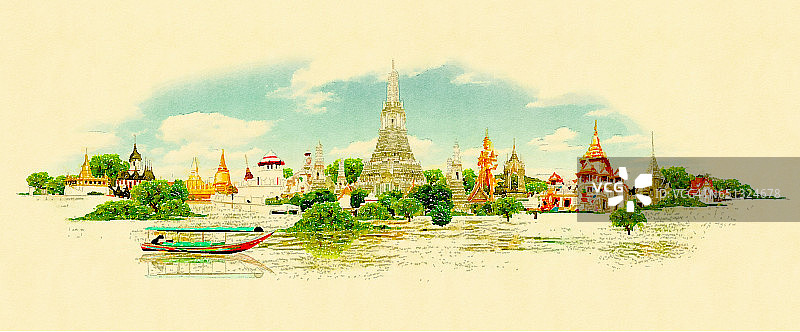 高分辨率全景水彩曼谷城市插图图片素材
