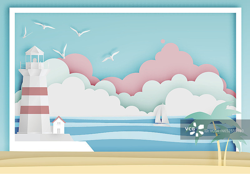 灯塔与海洋背景框架纸艺术风格图片素材