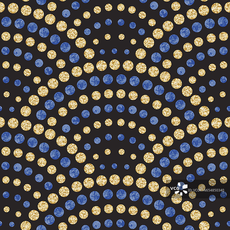 矢量抽象无缝波浪模式与几何鱼鳞布局。水彩蓝色和金色的水滴在一个黑色的背景。孔雀尾形，扇形。纺织品印花、补页、蜡染图片素材