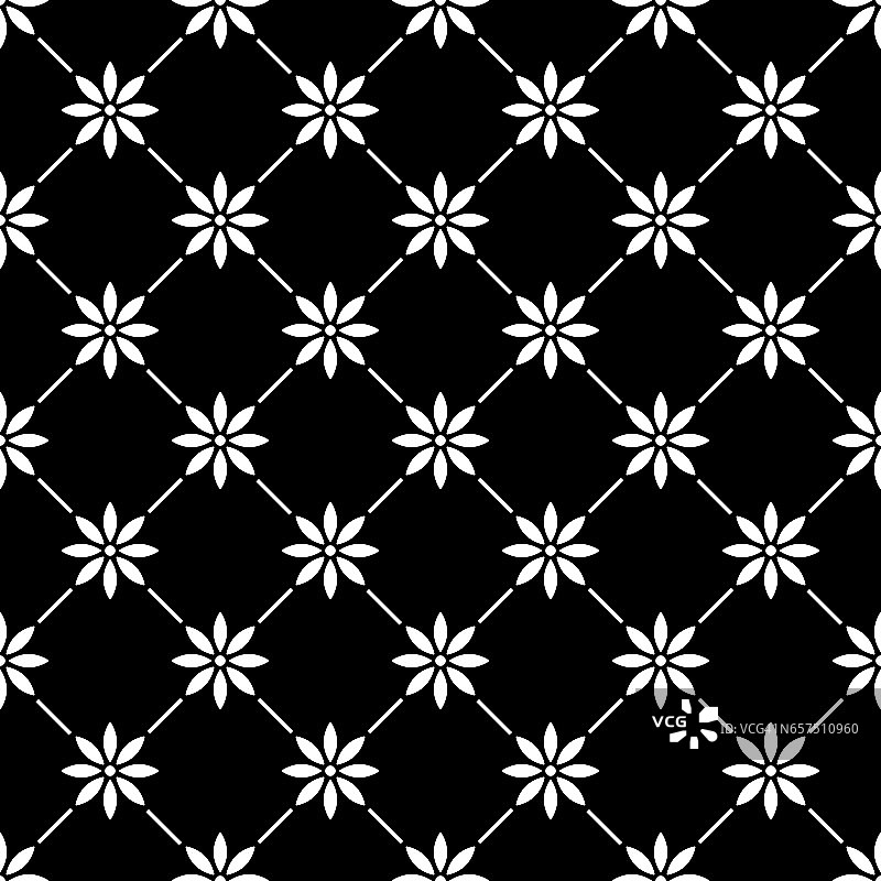 几何无缝白色图案与花在黑色的背景图片素材