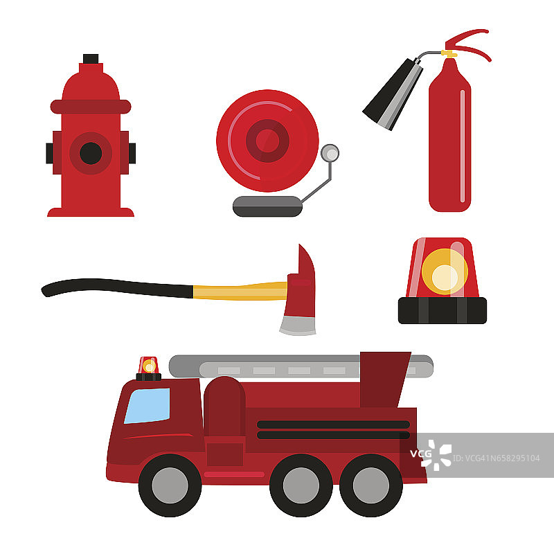 消防安全图标设置为孤立的白色背景。灭火器，消火栓，火警，斧头和消防车。图片素材