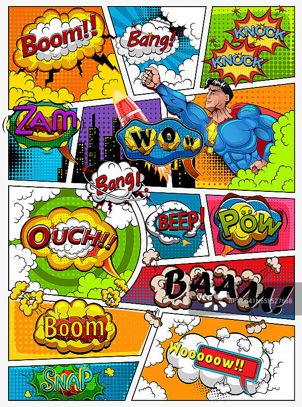 漫画书的页面以台词划分，有气泡、火箭、超级英雄和音效。复古的背景模型。漫画模板。插图图片素材