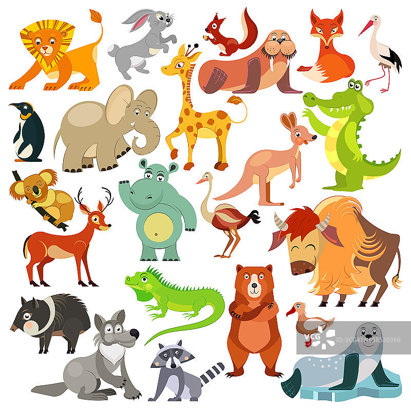 一组有趣的动物，鸟类和爬行动物来自世界各地。动物的世界。字母表。插图图片素材