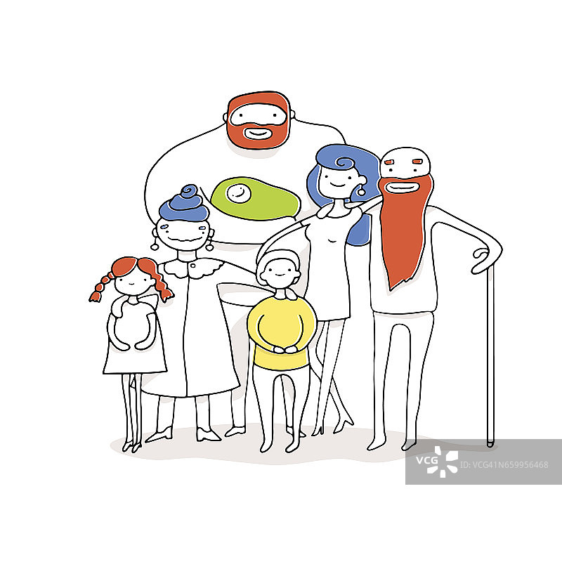 大的幸福的家庭。爸爸、妈妈、爷爷、奶奶和孩子们在一起。平面设计的矢量插图图片素材