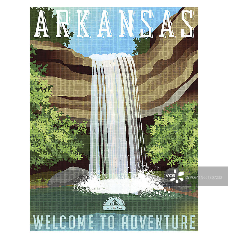 阿肯色州的旅游海报或贴纸。矢量插图的美丽的瀑布在岩石的突出图片素材
